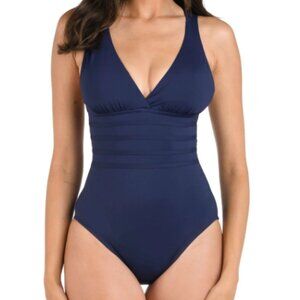 NWT La Blanca Island Goddess Multi-Strap Cross-Back One Piece, Indigo, Size 14